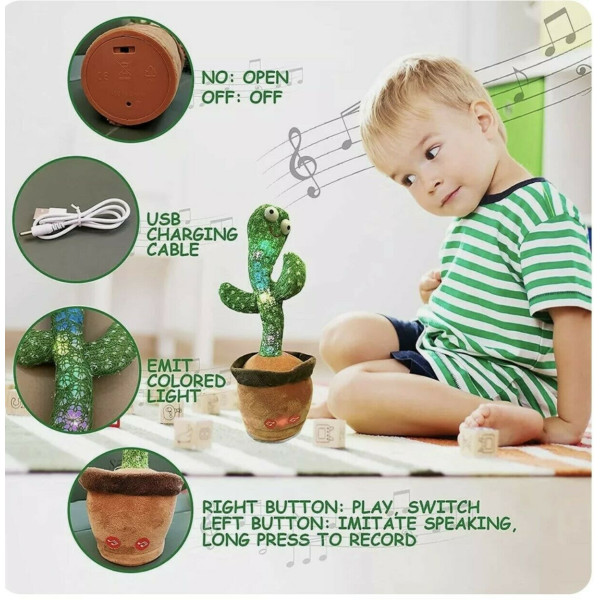 Dancing Recording Glowing Spinning Talking & Singing Cactus Kids Plush Toy Cow Boy USB Charger
