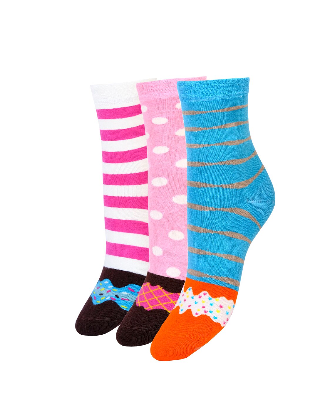 Cotton Donut Unisex Socks Gift Box Set of 3 Pair Stripes Polka Dots Pink Blue